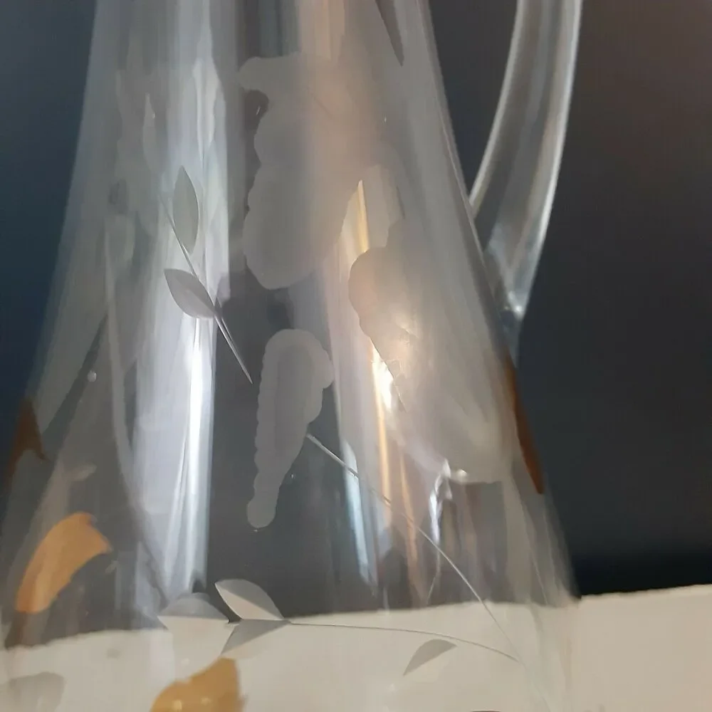 Vintage Romanian Wine Decanter Gold Leaf Etched Mid Century